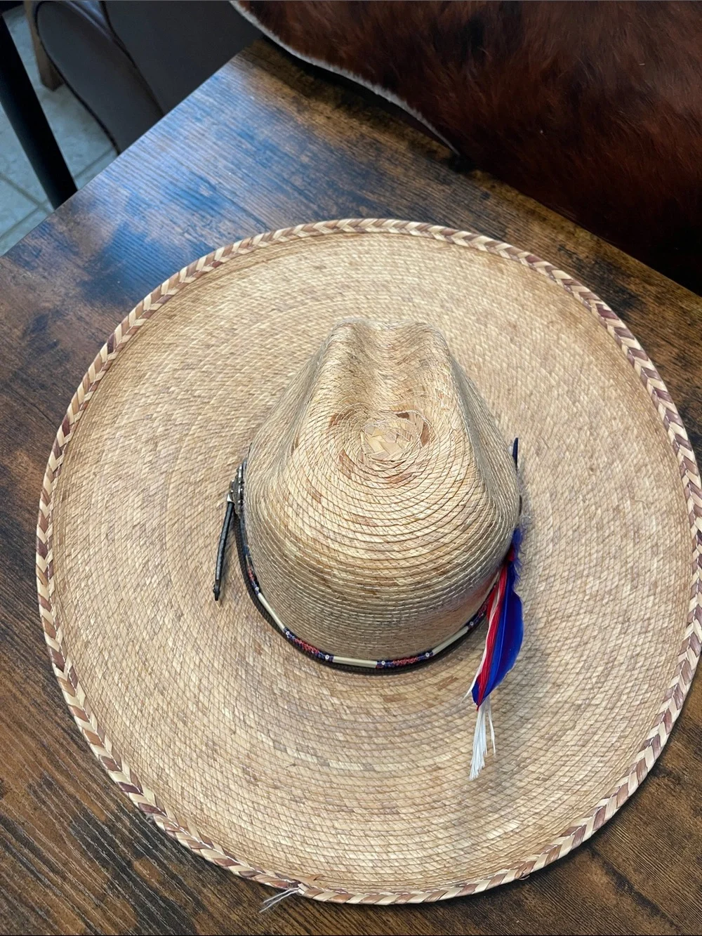 Women’s Straw Cowboy Hat with Red, Blue & White Feather - Patriotic Choncho
